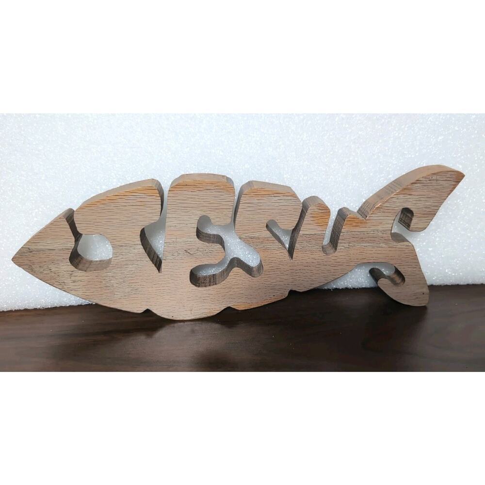 Vintage Handmade Carved Wooden Jesus Fish Wall Hanging Religious Faith 13"